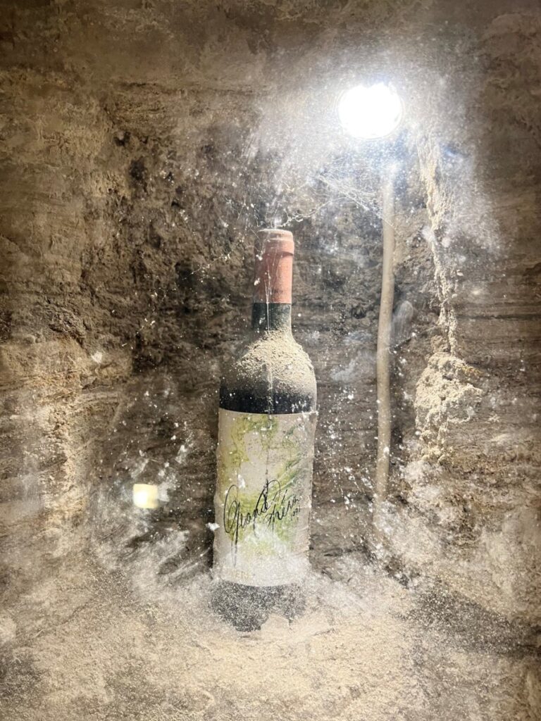 En vinflaske i en nisje i veggen i Terra Vinea