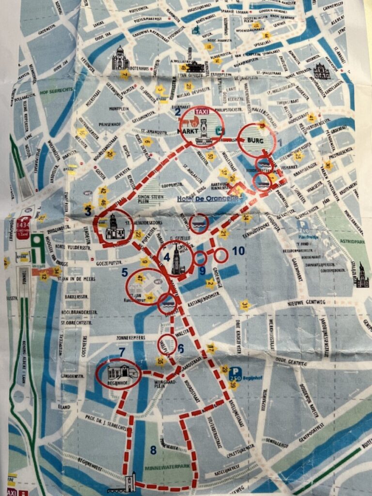 Kart over Brugge med severdigheter og forslag til gårute